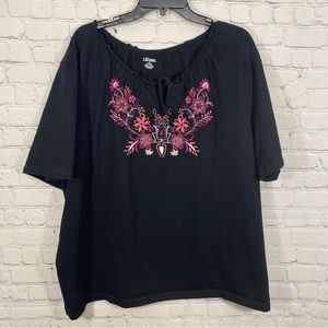 Liz & Me Womens Shirt 3X 26/28W Black Embroidered Floral Short Sleeve Stretch